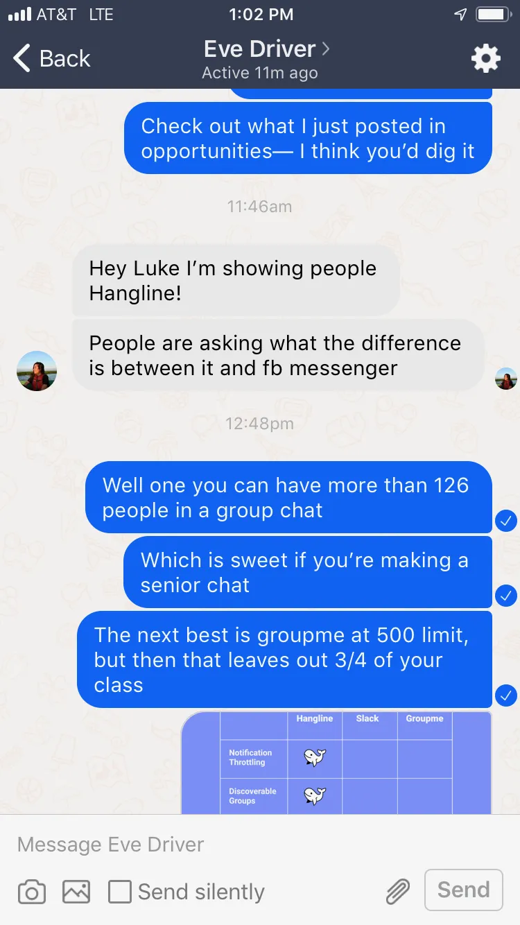 Conversation with Eve Driver pitching Hangline over GroupMe